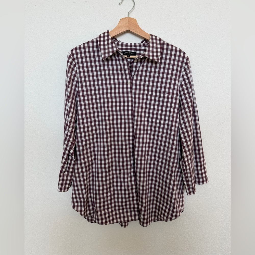 Lafayette 148 Gingham Button Down Plaid Blouse Large
